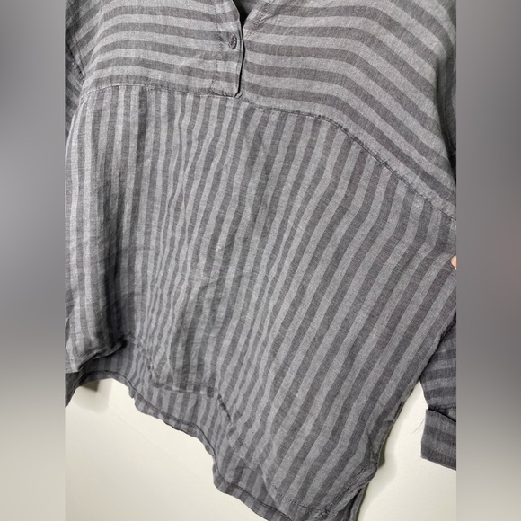 XCVI Gray 100% Linen Lagenlook Stripe V-Neck Boxy Loose Baggy Blouse L Comfort - Picture 6 of 9